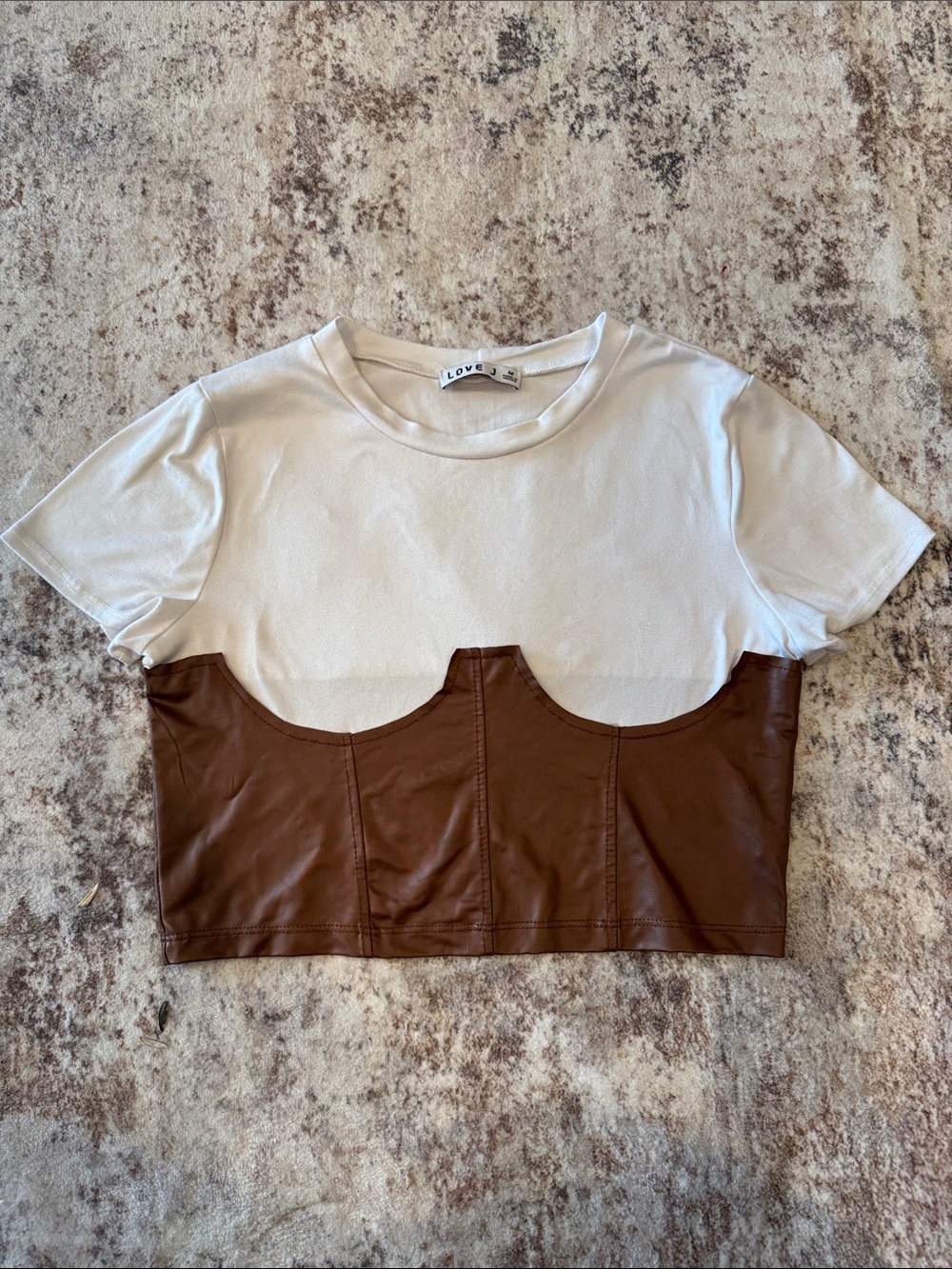 Love White & Brown Faux-Leather Panel Cropped Tee
